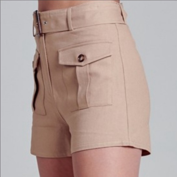 Luxury LINEN Khaki High-Rise Belted Shorts, NWT. - Picture 3 of 13